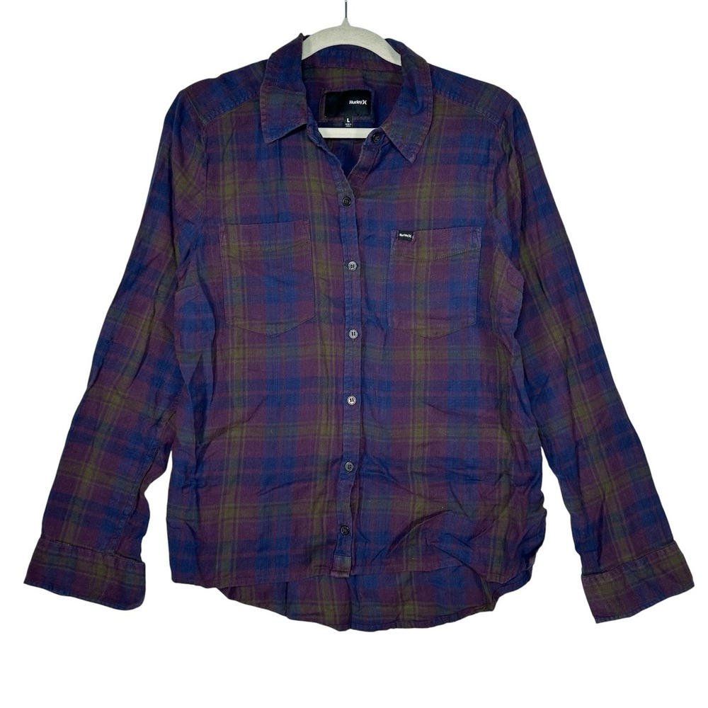 Hurley Plaid Flannel Shirt L Large Purple Green Grunge Skater Surf Shacket Soft